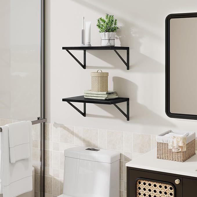 Deep Floating Shelves,16" Wx10 D Floating Shelves for Wall Set of 2,Heavy Duty Wood Floating Shelf with Metal Bracket,Wall Mounted Hanging Shelf for Living Room Bedroom Bathroom Kitchen,Black
