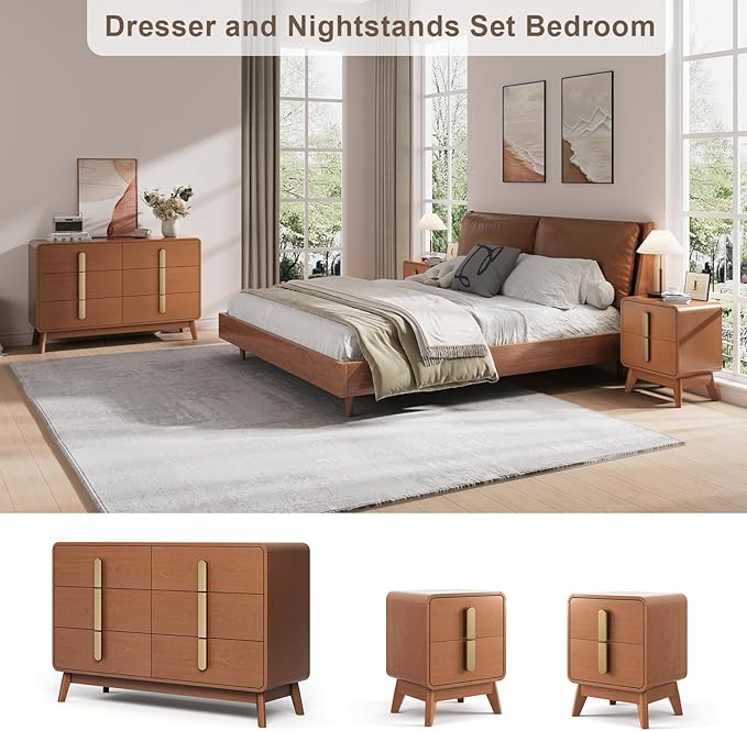 Night Stand Set 2, Mid Century Modern Bedside Table with Drawers, Curved Profile Design End Table with Metal Handle, Nightstand Set of 2 with Storage, Bed Side Tables for Bedroom, Cherry