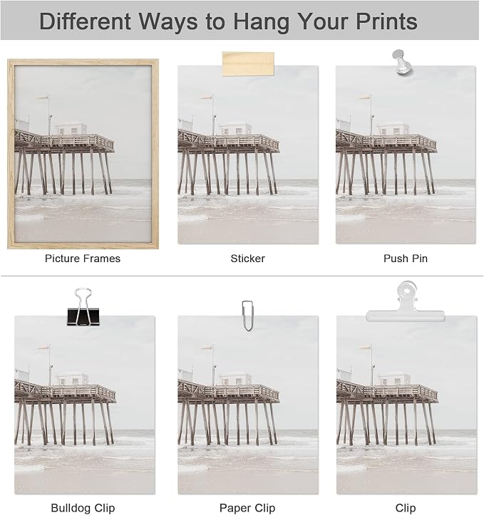 SIGNWIN Poster Bathroom Decor, Wall Art Room Decor Multicolor for Living Room, Bedroom, Office White Minimalist California Ocean Beach Seashore Pier Nature Wilderness Realism Landscape - 12"x16"x4