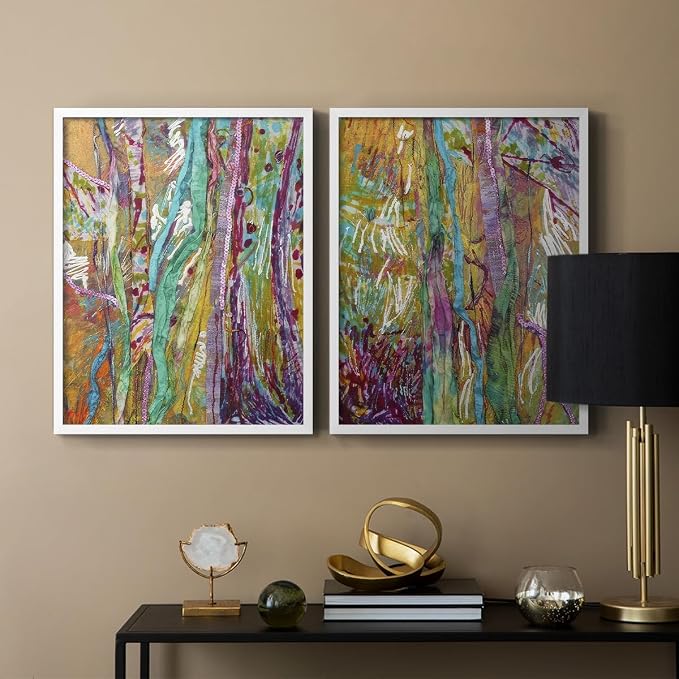 Renditions Gallery Set of 2 Peel & Stick Framed Prints, Modern Abstract Wall Art, Colorful Artistic Painting Wall Decor, Re-Stickable - Ready to Hang - 22"x28" - White Frame LT588