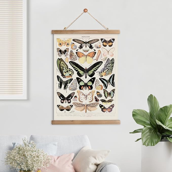 XIAOAIKA Vintage Butterfly Hanging Poster with Wooden Frame, Retro Style Wall Decor Art Painting, Patterns Printed on Linen Without Fading, Ready to Hang (12 x 16)