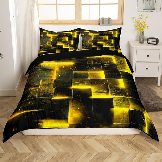 Black Yellow Abstract Gradient Square Bed Set Grid King Duvet Cover Neon Checkered Bedding Set King Glowing Plaid Bedspread Cover 3D Modern Room Decor 3pcs (Black Reversible)