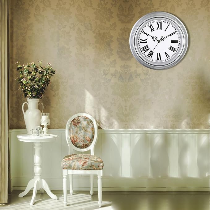 Plumeet Small Retro Wall Clock, 10'' Non Ticking Classic Silent Vintage Wall Clocks Decorative Kitchen Living Room Bedroom, Roman Numerals, Battery Operated, Silver, EM-8050-SL10