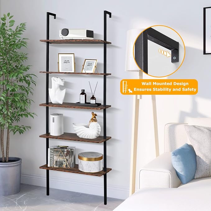 5 Tier Wall Mounted Ladder Shelf, Ladder Bookshelf with Metal Frame and Wood Shelf, Modern Learning Bookcase for Living Room, Bedroom, Office (23.6" W x 11.8" D x 70.8" H, Rustic Brown)