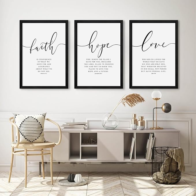 Bible Verses Wall Decor 3 Pieces Scripture Quotes Canvas Wall Art Faith Hope Love Scripture Posters Prints Christian Artwork Pictures for Living Room Bedroom Decoration 16x24 Inch Black Framed