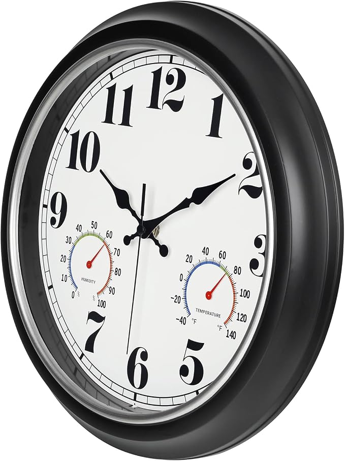 45MinST 13-Inch Vintage Outdoor Wall Clock with Thermometer and Hygrometer, Waterproof, Large Numbers, Silent, for Indoor and Outside Use,Porch,Garden,Pool(Black Frame with Silver Trim)