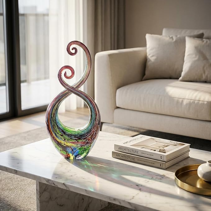14" Hand Blown Murano Style Glass Sculpture, Abstract Colorful Art Figurine, Modern Designer Home Decor for Living Room Office Patio Garden, Unique Collectible Gift for Art Lovers