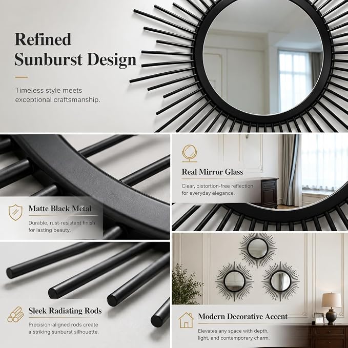 Black Sunburst Mirror Set of 3, 3PCS Metal Round Decorative Wall Mirrors, Starburst Accent Mirror Wall Decor for Living Room, Entryway, Bedroom & Hallway
