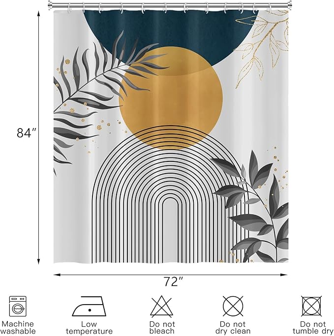 Boho Mid Century Shower Curtain, Orange Blue Modern Minimalist Abstract Geometric Gold Plant Leaves Arch Bathroom Curtains Waterproof Fabric Buthtub Curtain Set with Hooks 72" Wx84 L