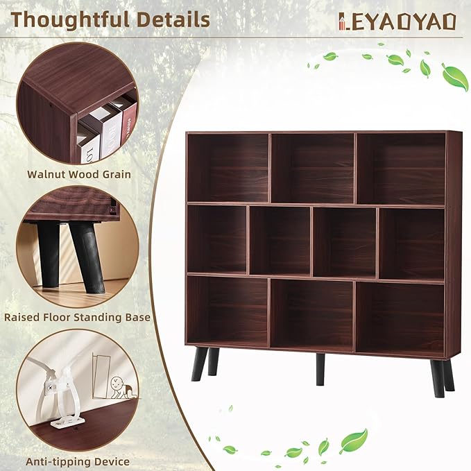 LEYAOYAO 10 Cube Bookshelf,3 Tier Modern Wide Bookcase with Legs,Mid-Century Wood Bookshelves Storage,Mint-Walnut Large Book Case,Freestanding Organizer Display Shelf for Bedroom,Living Room,Office