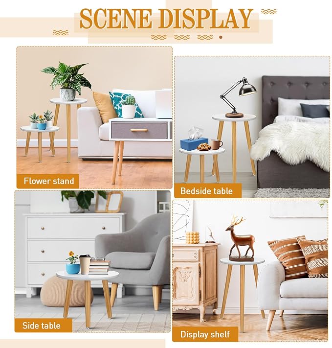 Briwooody 2 Pcs Indoor Plant Stand Mid Century Vintage Wood Modern Flower Pots Holder Round Side Table End Table Plant Stools for Living Room Corner Balcony Decor (White)