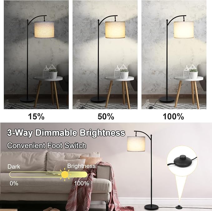 LALISU Modern Floor Lamp, 3-Ways Dimmable Standing Lamp with Linen Shade, Adjustable Height, Foot-Step Switch, Reading Lamp for Living Room, Bedroom, Office, 9W Bulb Included (Black)