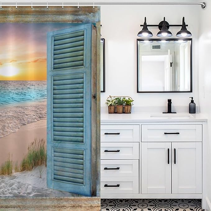 Ocean Beach Shower Curtain,Coastal Nautical Barn Wood Door Sunset Country Seaside Modern Bedroom Living Room Treatment Fabric Waterproof Fabric Bath Curtain Decor with Hooks,72x78Inch
