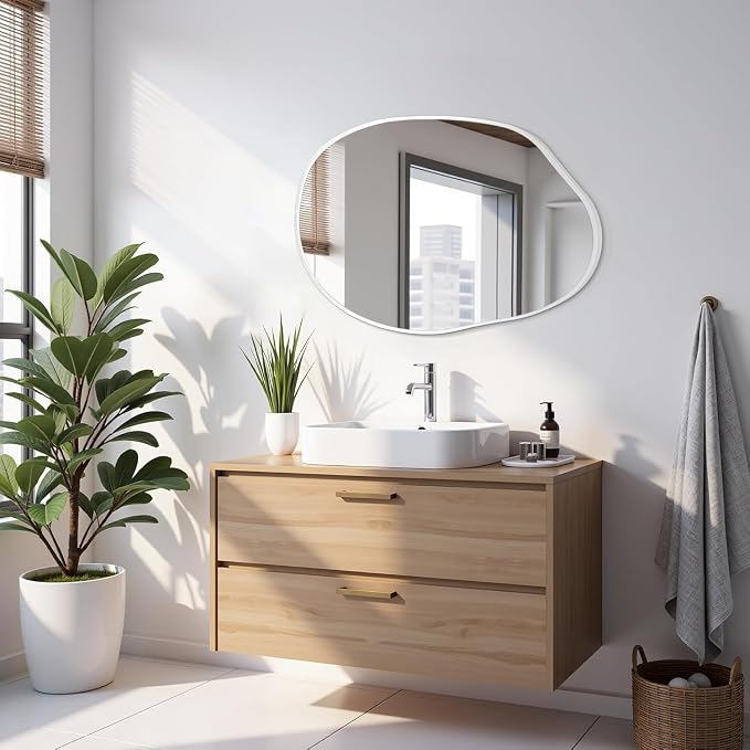 Asymmetrical Bathroom Mirror Irregular Wall Mirror Modern Metal Frame Unique Shape Wall Mounted Vanity Artistic Mirrors Decorative for Living Room Bedroom Entryway 22"x30" Large White