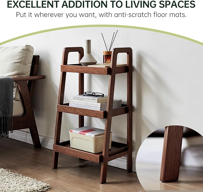 100% Solid Oak 3 Tier Ladder Shelf, Small Ladder Bookshelf, Ladder Bookshelf, 3 Tier Shelf with Stable Frame, Small Table for Living Room Bedroom(Walnut, 13.4" L x 25.6" W x 36.2" H)