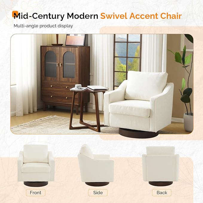 VINGLI Mid-Century Modern Swivel Accent Chair, 360°Upholstered Armchair, Home Sofa with Track Arms for Living Room, Bedroom, Reading Room, Club Swivel Chair,Chenille Beige