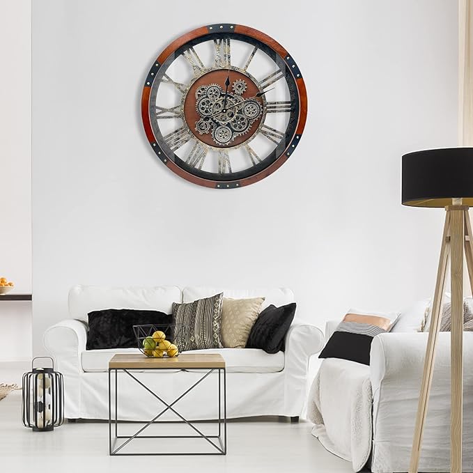 DORBOKER 30" Original Moving Gears Wall Clock, Large Industrial Wall Clock for Living Room Decor, Retro Wood Vintage Farmhouse Steampunk Rustic Clocks for Wall Decor,Black Walnut