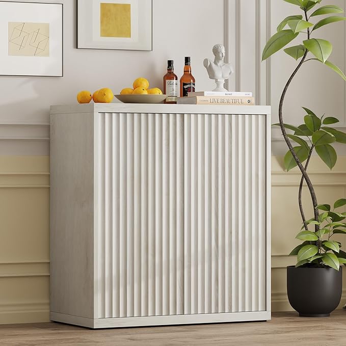 31” Sideboard Cabinet with Storage, Fluted Accent Cabinet with Adjustable Shelves, Modern Wood Credenza Cabinets with Pop-up Doors for Entryway Kitchen Living Room Hallway, White Oak