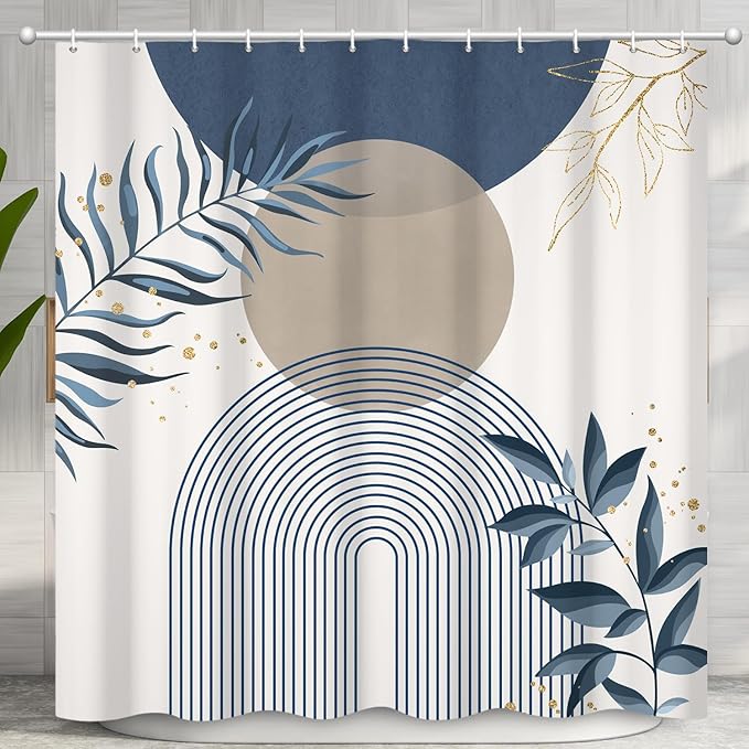 Boho Mid Century Shower Curtain, Navy Blue Modern Minimalist Abstract Geometric Gold Plant Leaves Sun Arch Bathroom Curtains Waterproof Fabric Buthtub Curtain Set with Hooks 36" Wx72 L