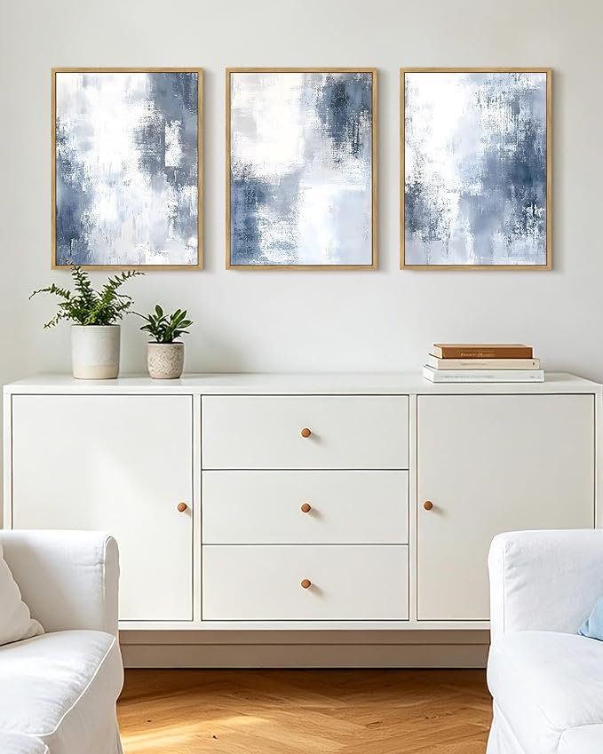 KUVIOKE Navy Blue and Gray Abstract Framed Canvas Wall Art Brush Strokes Block Shape Pastel Wall Decor Modern Minimalist Art Painting Home Decor 12x16in (Natural Framed)