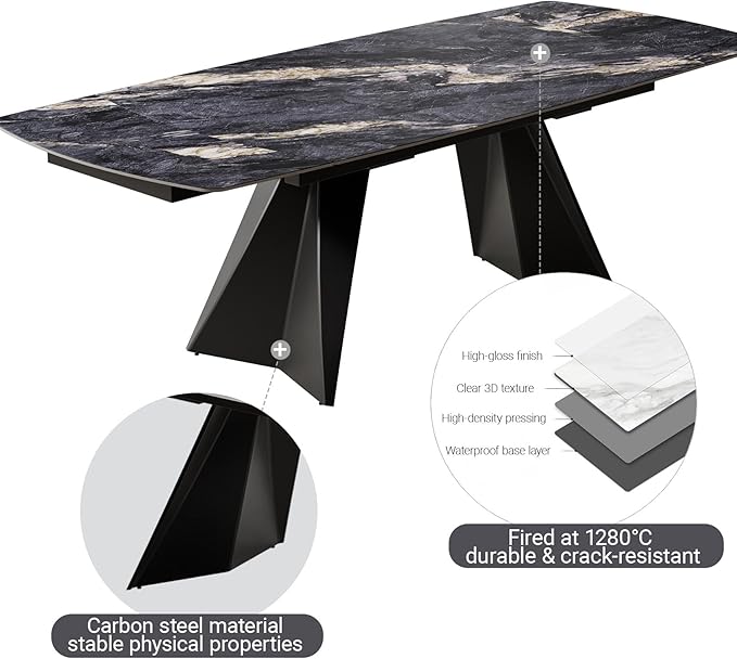 Extendable Dining Table with Leaf, 65"-95" Rectangular Sintered Stone, Marble-Look Top, Seats 6-12, Metal Base, Easy-Clean, Heat & Scratch Resistant, Dining Room/Kitchen Table for Family Gatherings