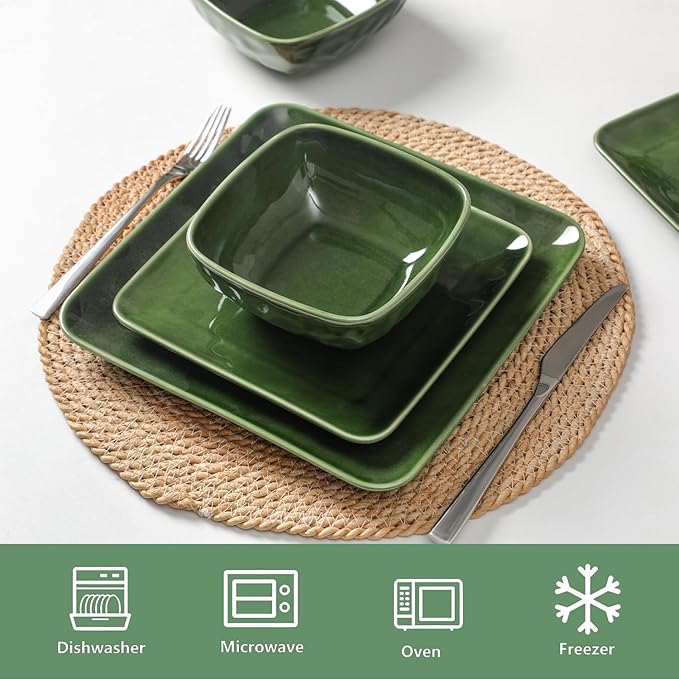 Vicrays Ceramic 24 Pieces Square Dinnerware Set - Dinner Plates Salad Plates Cereal Bowls Set Service for 8 - Scratch Resistant Microwave Oven Dishwasher Safe - Green
