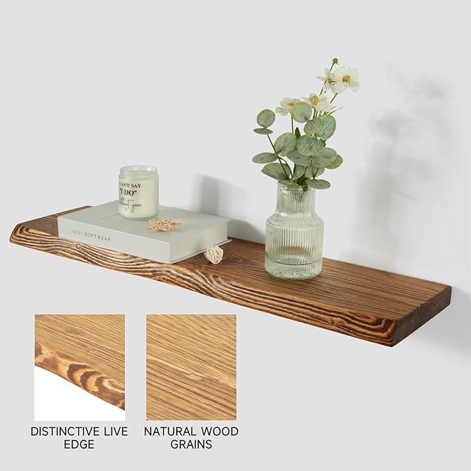24 Inch Wooden Floating Shelves for Wall Set of 2, Finnish Spruce Solid Wood Shelf, Natural Wood Floating Shelves for Living Room, Bathroom, Bedroom, Kitchen, Brown Finish