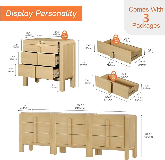 WAMPAT Large Sideboard Buffet Cabinet with Storage with 9 Drawers, Modern French 94.5" W Buffet Cabinet with Storage, Wood Coffee Bar Cabinets with Curved Edge Design for Kitchen Living Room, Oak
