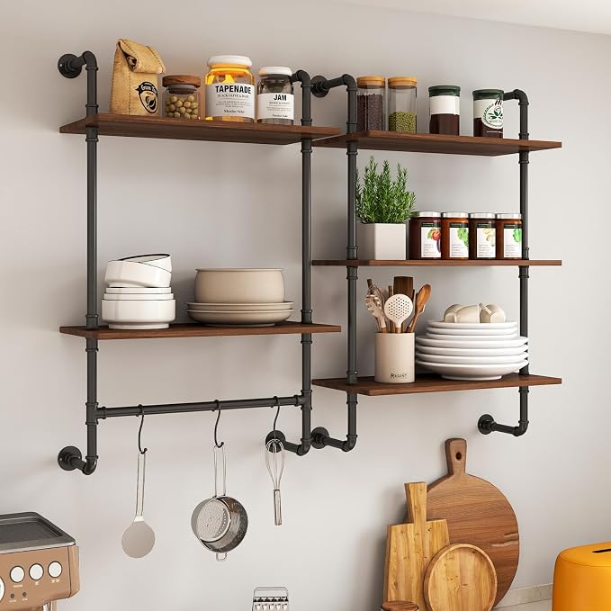 Anwick 3 Tier and 2 Tier Wood Wall Mounted Bookshelf with Metal Frame Wood Hanging Storage Bookcase, Open Storage Rack for Living Room, Home, Office, Bathroom, Bedroom and Plant Flower (Black)