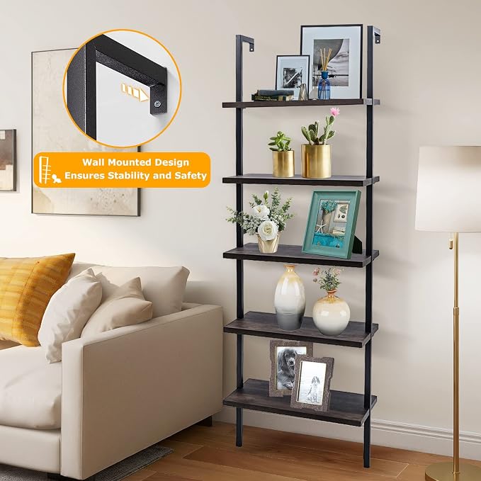 5 Tier Wall Mounted Ladder Shelf, Ladder Bookshelf with Metal Frame and Wood Shelf, Modern Learning Bookcase for Living Room, Bedroom, Office (23.6" W x 11.8" D x 70.8" H, Dark Walnut)