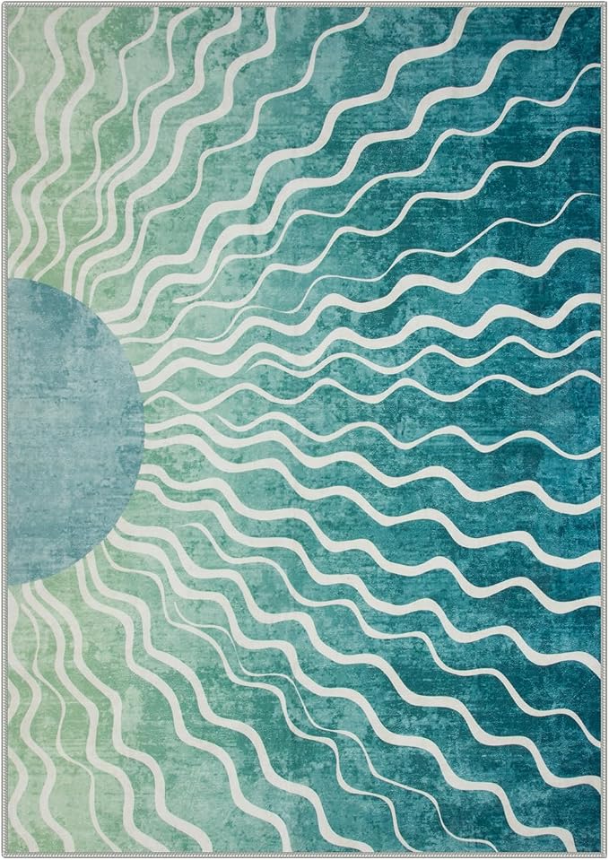 Wonnitar Boho Sun Washable Area Rugs 5x7, Green Rugs for Living Room Dining Room, Non Slip Ultra Thin Modern Ombre Dark Green Carpet for Classroom Bedroom Playroom, Teal/Multi