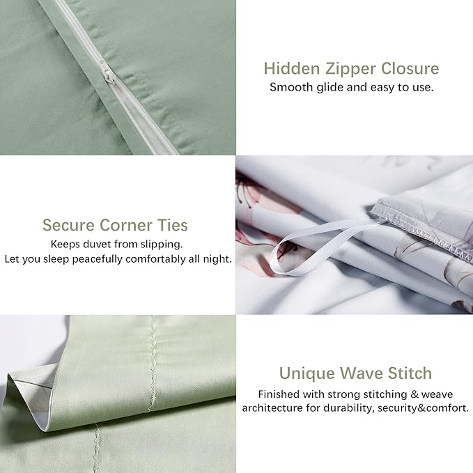 MILDLY Floral Duvet Cover Set - 100% Long-Staple Cotton White Green Leaves Pattern Printed Comforter Cover 3pcs Soft Breathable Luxury Bedding for All Season