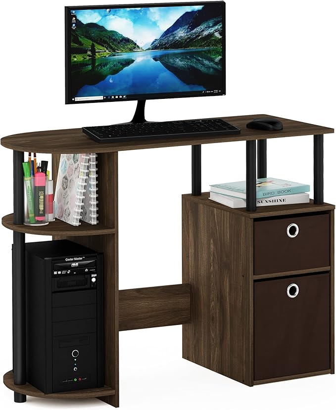 Furinno JAYA Desk, 38.4" Wide Gaming Desk with Bin Drawers, Computer Desk with Side Shelf, Office Desk for Study, Home Office, Bedroom, Dorm, Study Room, Columbia Walnut