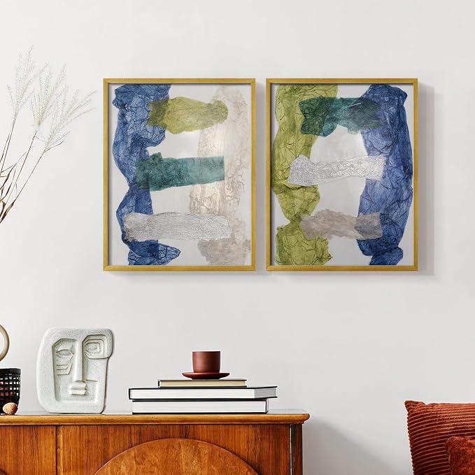 Renditions Gallery Set of 2 Peel & Stick Framed Prints, Elegant Abstract Wall Art, Dyed Cloth Texture Wall Decor, Re-Stickable - Ready to Hang - 11"x14" - GOLD Frame LT588