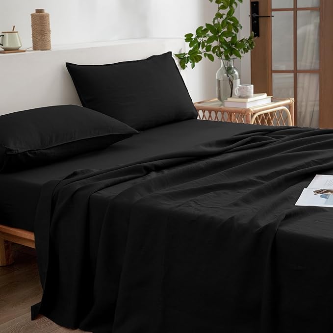 EVERLY Linen Sheets Set King Size,100% French Stonewash Pure Linen Bed Sheets,4Pieces (1Flat Sheet,1Fitted Sheet,2Pillowcase) Suitable for Hot Sleepers,Deep Pocket Natural Bedding Set-Black