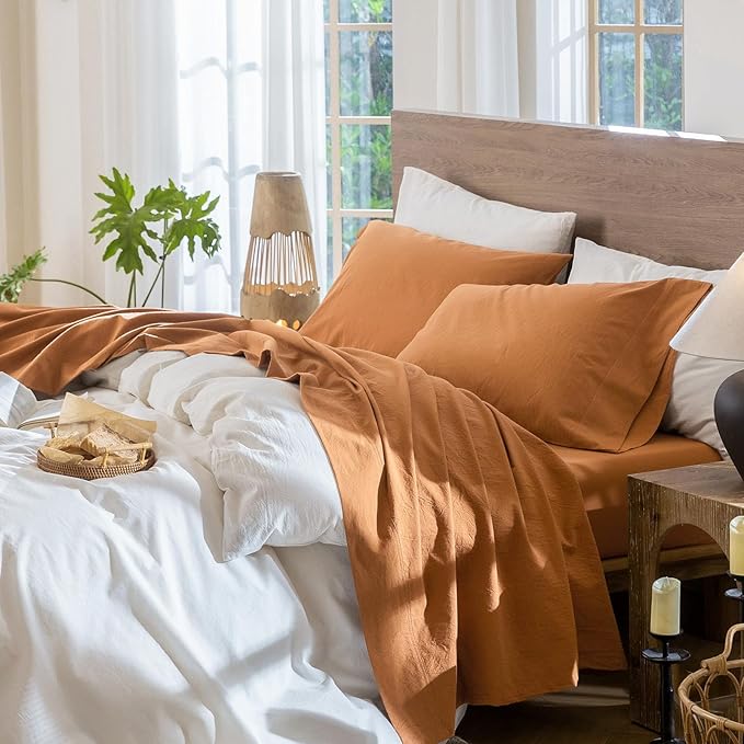 MooMee Bedding Sheet Set 100% Washed Cotton Linen Like Textured Breathable Durable Soft Comfy (Solid Burnt Orange, Queen)
