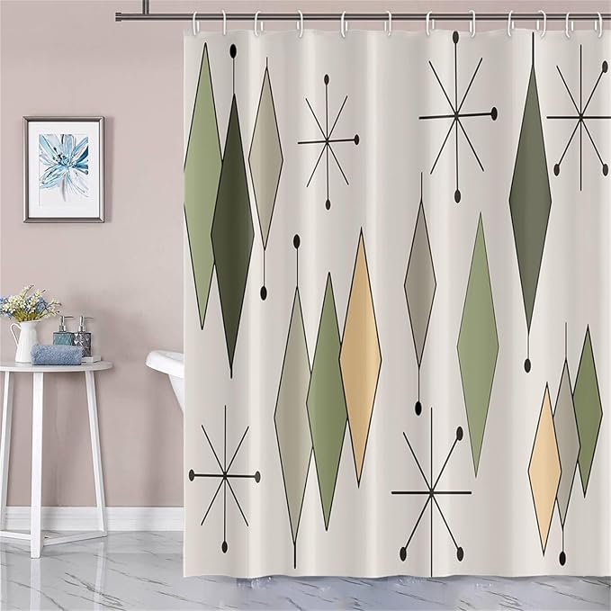Boho Mid Century Shower Curtain Vintage Abstract Green Diamond Geometric Atomic Starburst Pattern for 1950s Retro Bathroom Decor Accessories Shower Curtain Set with 12 Hooks, 72x78 Inches