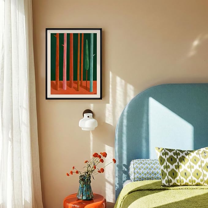 Framed Abstract Forest Wall Art for Living Room, 11x14 Inch Modern Geometric Tree Print, Colorful Minimalist Artwork for Walls with Matte Black Metal Frame and Acrylic Front,Bedroom Office Wall Decor