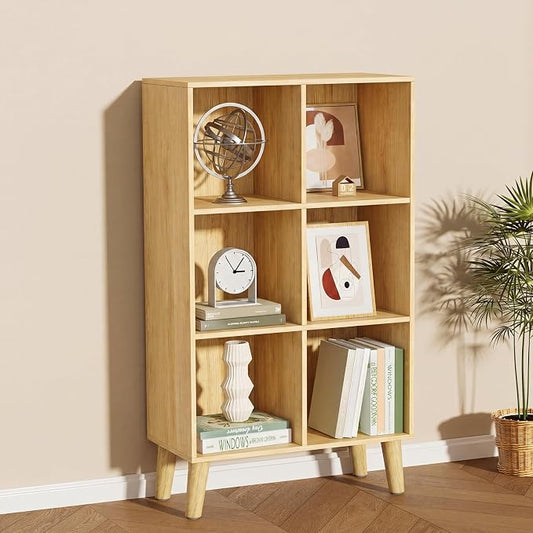 6 Cube Storage Organizer with Legs, 3 Tier Cube Low Bookcase Freestanding Storage Display Organizer for Home Office, Six-Cubes Open Shelf Bookshelf (Natural Oak, 6 Cube Vertical)