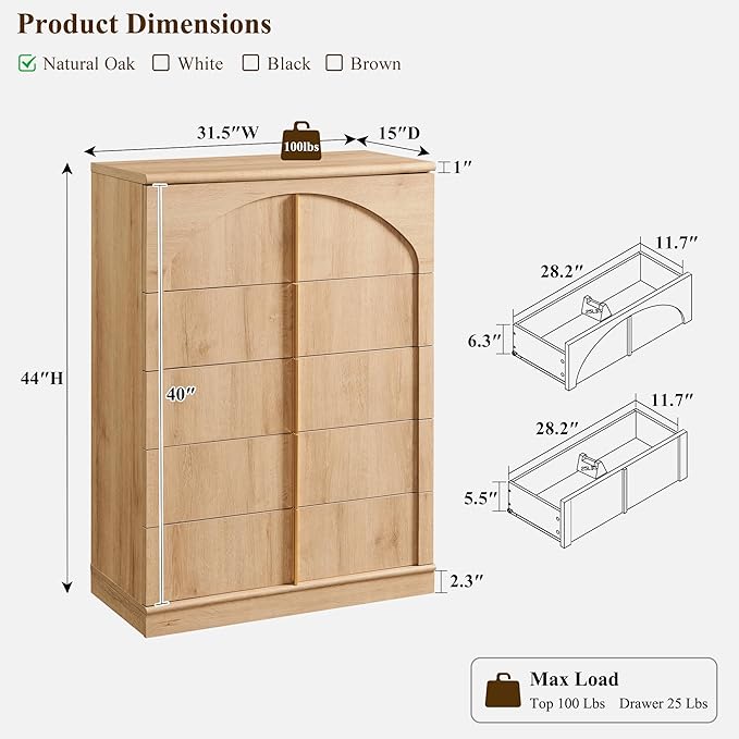 ACCOHOHO Modern 5 Drawers Dresser for Bedroom with Arched Panel,44" Tall Dresser for Closet with Metal Handles,Push-to-Open Wood Storage Closet Dressers for Living Room, Hallway,Natural Oak