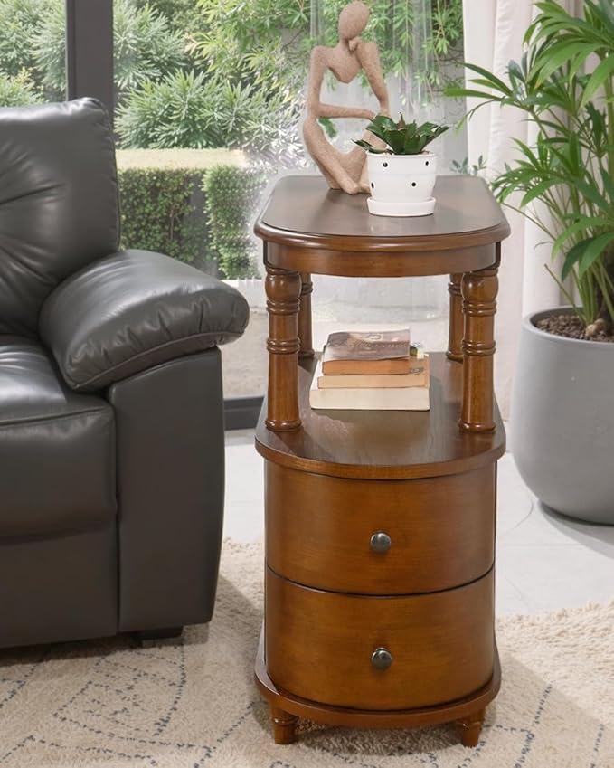 Biaco Solid Wood End Table with 2 Drawers - Caramel Brown Retro Narrow Side Table with Storage Shelf, No Assembly Required Slim Nightstand for Small Spaces/Apartment (23.4"Lx11.4"Wx25.3"H), BG-A508-MG