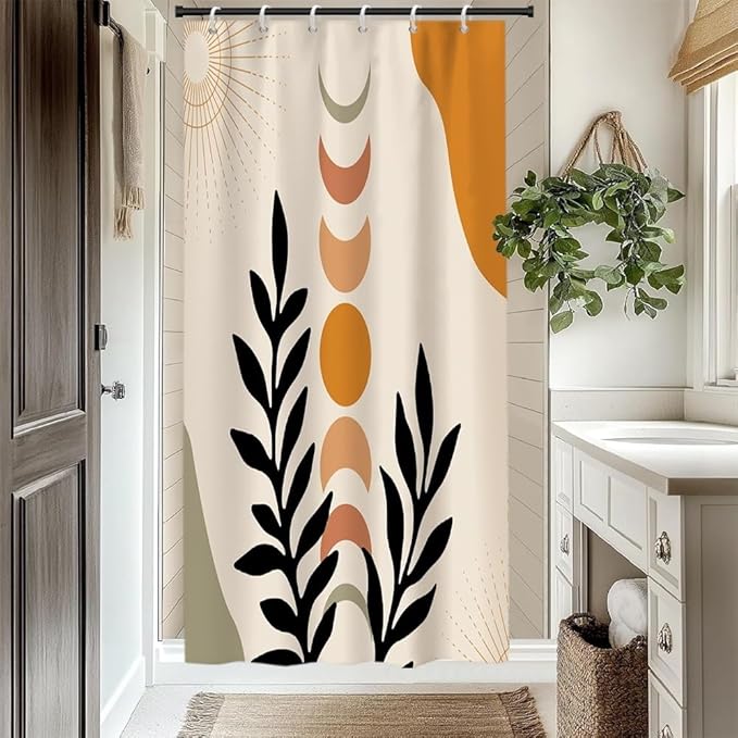 Mid Century Boho Shower Curtain for Bathroom Black Leaves Orange Sun Moons Bathtub Curtains Modern Bohemian Abstract Bathroom Decor Set Washable Waterproof Polyester Fabric with Hooks 48x72 Inch