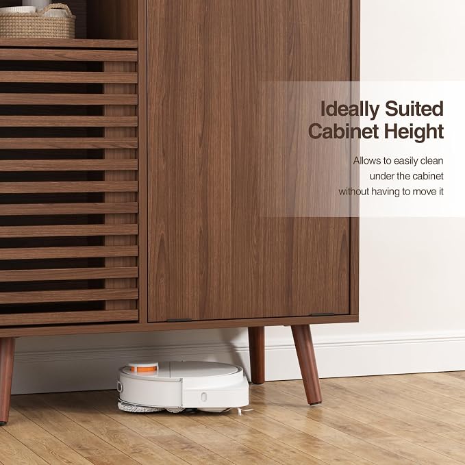 FiveWillowise Storage Cabinet with slatted Door, Tilt Out Trash Can Cabinet for 10 Gallon Wooden Dog-Proof Recycling Bin with Hidden Laundry Basket for Kitchen Island and Dining Room, Walnut