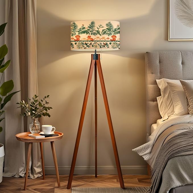 Wood Tripod Floor Lamp Tropical palm tree Asian tiger long seamless border Cute jungle repeat Mid Century Standing Lamp Linen Shade Dimmable Modern Tall lamp Home Decor for Living Room Bedroom Office