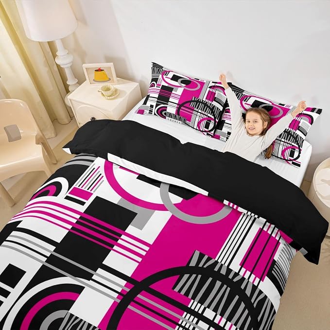 Art Deco Mid Century Duvet Cover Set Retro Modern Abstract Geometric Queen Bedding Set for Preteen Boys Girls Black and White Hot Pink Circles Stripes Comforter Cover Contemporary Bed Sets