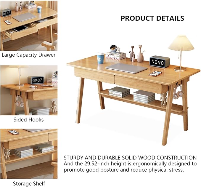 Solid Wood Writing Desk, Mid-Century Modern Desk with 2 Drawers and Storage Shelf, Home Office Computer Desk, Easy Assembly(39inches, Natural)