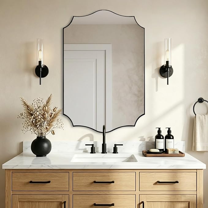 ANDY STAR 20"x30" Black Vanity Mirror, Mirrors for Bathroom Sink, Black Scalloped Mirror in Premium Stainless Steel Thin Frame, Elegant Curved Scallop Design, Ideal for Home Remodel