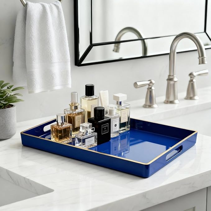 Decorative Tray, Rectangular Plastic Tray with Handles, Modern Vanity Tray and Serving Tray for Bathroom, Kitchen, Ottoman and Coffee Table, 15.6” x 10.2” (Drak Blue)