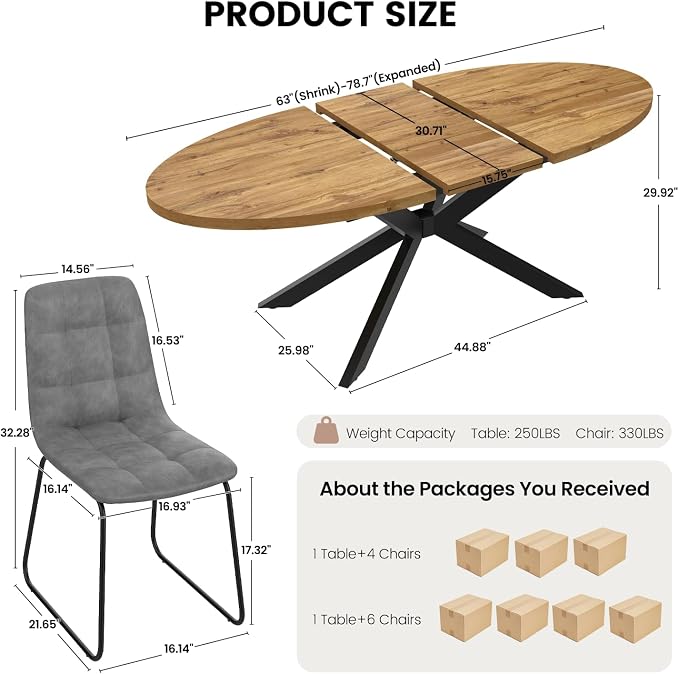 63"-78.7" Extendable Round Dining Table Set for 4, 5 Piece Mid Century Modern Oval Kitchen Table Set, Large Dining Table with 4 Dining Chairs for Living Room Space Saving（Walnut Table+4 Grey Chairs)