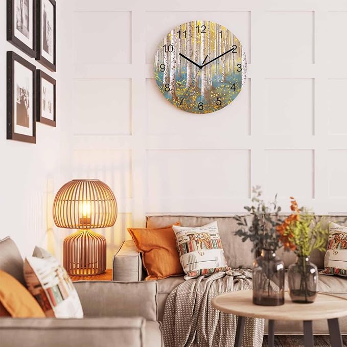 Trees Yellow Blue Forest Painting Art Style Wall Clock Battery Operated Non-Ticking 10" Round Wood Clocks, Kitchen Wall Clock for School Bathroom Living Room Home Office Wall Decor